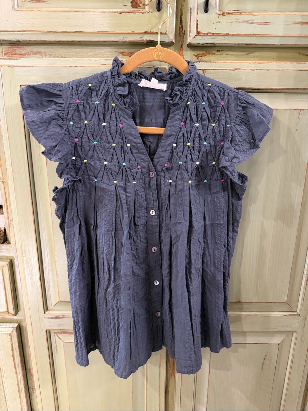 THML Navy Blue Embroidered Ruffle Sleeve Button-Down Top